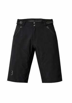 Schwarze knielange Shorts mit zwei vorderen Reißverschlusstaschen, doppeltem Knopfverschluss am Bund, verstellbaren Seitenriemen und der Nummer „3“ am linken Bein.