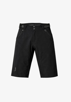 Schwarze knielange Shorts mit zwei vorderen Reißverschlusstaschen, doppeltem Knopfverschluss am Bund, verstellbaren Seitenriemen und der Nummer „3“ am linken Bein.