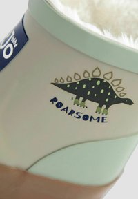 Scarpa per bambini con tomaia verde pastello, decorata da una grafica di un dinosauro con macchie nere e verdi e la parola "ROARSOME" in blu.