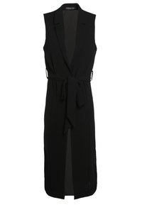 Schwarzes ärmelloses langes Kleid mit Kragen, offener Front und gebundenem Bund. Hergestellt aus leichtem Stoff mit glatter Textur.
