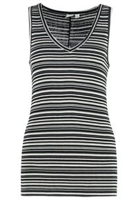 Svart och vitrandig linne med v-ringning, tillverkat av ribbat material, med smala ränder av varierande bredder och enfärgad svart kant.