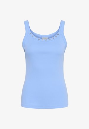 Maiou albastru deschis, fără mâneci, cu dungi, guler rotund și aplicatii de capse argintii.