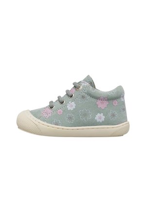 Sneaker per bambino piccolo verde chiaro con motivi floreali rosa e bianchi, suola in gomma beige e lacci grigi, mostrato di profilo.