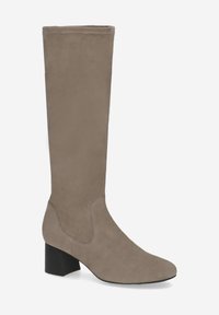 Botte en suède beige montée jusqu'au genou avec un bout pointu et un talon bloc. Présente un design sans couture et une texture lisse. Convient pour un style polyvalent.