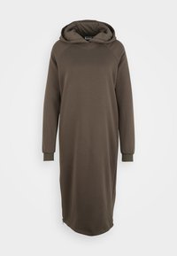 Hooded klänning i olivgrön, tillverkad av mjukt tyg. Har långa ärmar, ribbade mudd och en sidizipper vid fållen för extra detaljer.