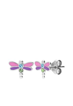 Silver dragonfly stud earrings with pink and purple enamel wings and blue and green gemstone details.