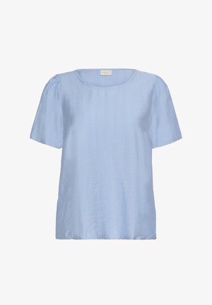 Vaaleansininen lyhythihainen paita pyöreällä kaula-aukolle. Valmistettu teksturoidusta kankaasta, jossa on hienovaraisia laskoksia hihoissa lisäyksinä.