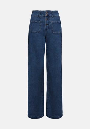 Jeans a vita alta e gamba larga realizzati in denim blu scuro con chiusura a bottoni e due tasche frontali. Il tessuto ha una consistenza liscia.