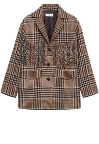 Blazer a quadri marrone e beige con bottoni neri e dettagli sfrangiati sul petto, con due tasche frontali e colletto a lancia.