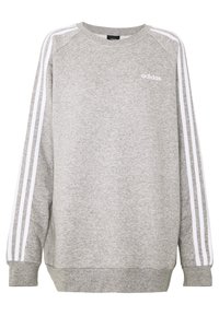 Sudadera Adidas de color gris claro con detalles en blanco de tres rayas en las mangas y pequeño logo blanco de Adidas en el pecho.