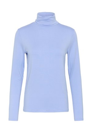 Gaiši zila, garām piedurknēm, augstas apkakles krekls ar piegulošu siluetu, attēlots uz vienkārša baltā fona.