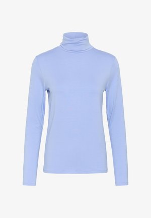 Lyseblå langærmet turtleneck med tætsiddende pasform, vist på en ensfarvet hvid baggrund.