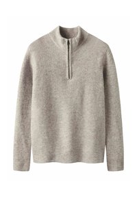 Jasnoszara sweter z teksturowanym prążkowanym materiałem, wysokim kołnierzem i suwakiem na ćwierć. Prosty design, długie rękawy i luźny krój.