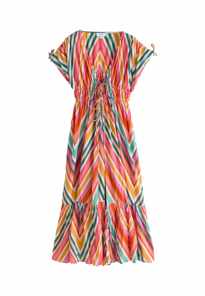 Abito multicolore con strisce orizzontali in rosa, arancione, verde e bianco. Vita elastica con lacci, maniche corte e orlo svasato.