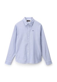 Chemise à manches longues rayée bleu et blanche avec un col, fermeture à boutons et manches à poignets. Présente un petit logo brodé.