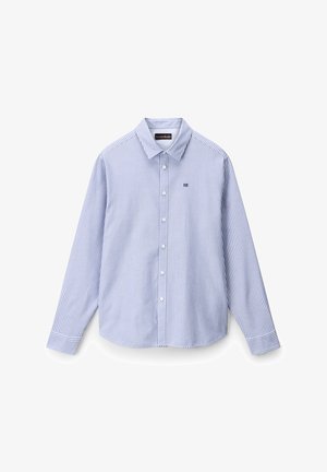 Blå og hvidstribet langærmet skjorte med krave, knaplukning og manchetter. Har et lille broderet logo.