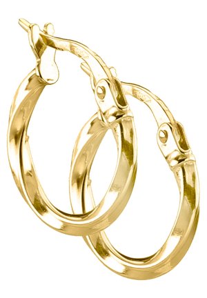 Paar glänzende goldene Creolen mit Scharnierverschlüssen, nah aufgenommen vor weißem Hintergrund.