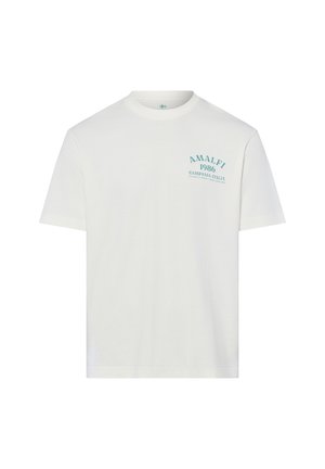 Wit T-shirt met korte mouwen en ronde hals, met teal gekleurde tekst "AMALFI 1986 CAMPANIA ITALIA" op de linkerborst.