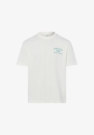 Wit T-shirt met korte mouwen en ronde hals, met teal gekleurde tekst "AMALFI 1986 CAMPANIA ITALIA" op de linkerborst.