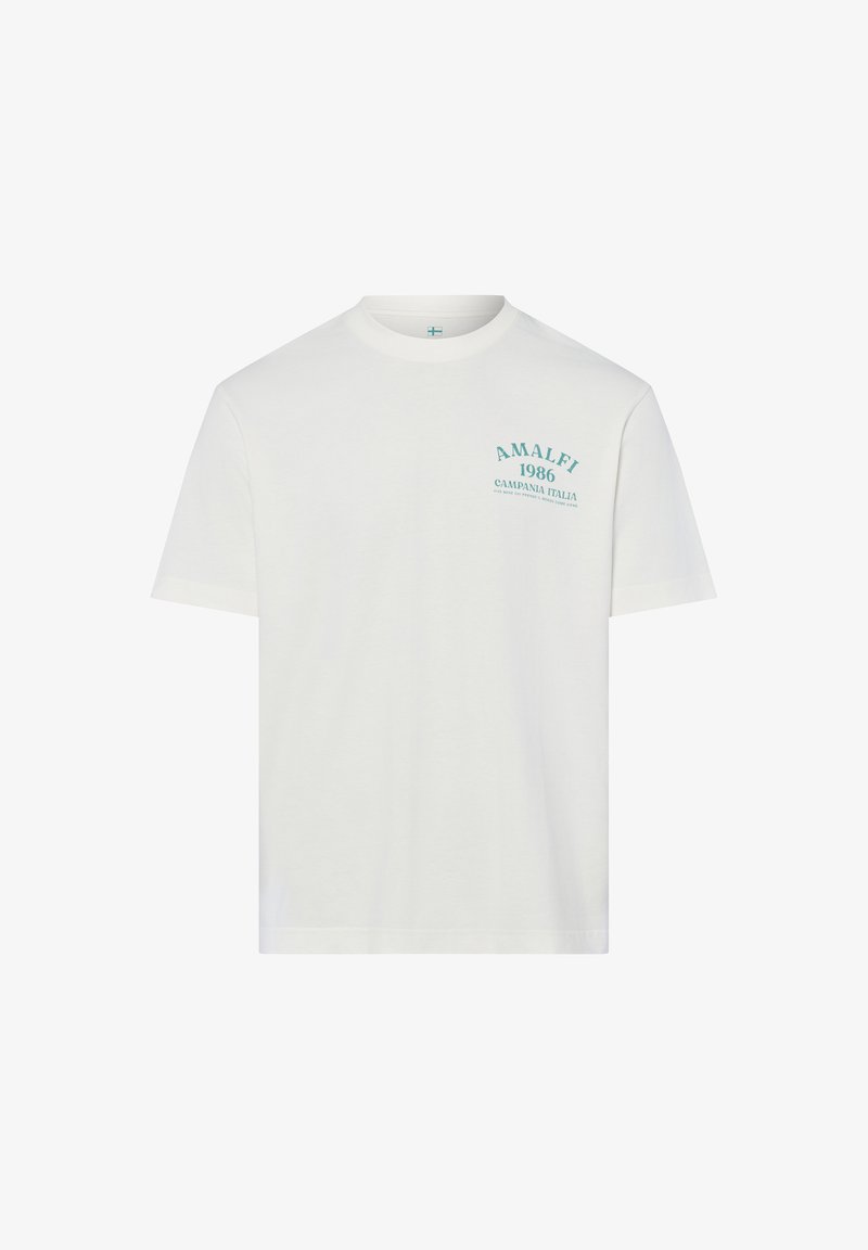 T-shirt blanc à manches courtes avec col rond, présentant le texte turquoise "AMALFI 1986 CAMPANIA ITALIA" sur le côté gauche de la poitrine.