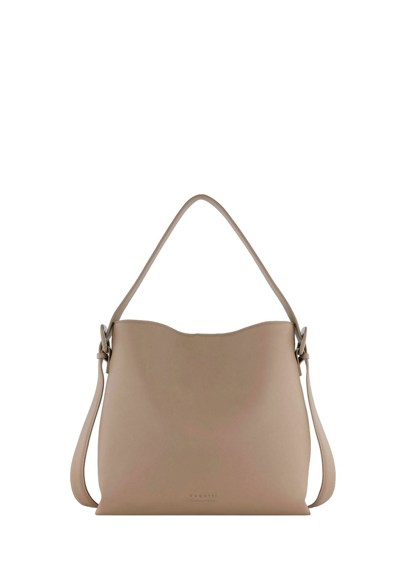 Zachte beige lederen handtas met een gebogen bovenrand en een verstelbare schouderriem. Heeft een minimale branding aan de onderkant van de voorkant.