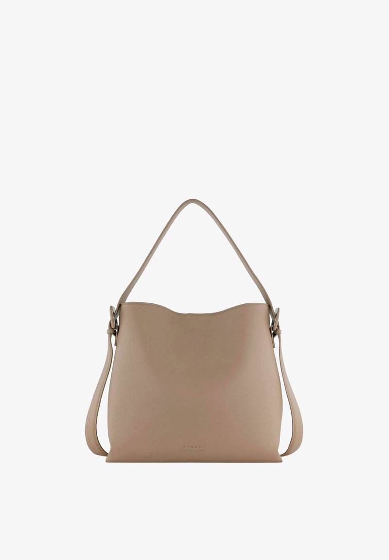 Zachte beige lederen handtas met een gebogen bovenrand en een verstelbare schouderriem. Heeft een minimale branding aan de onderkant van de voorkant.