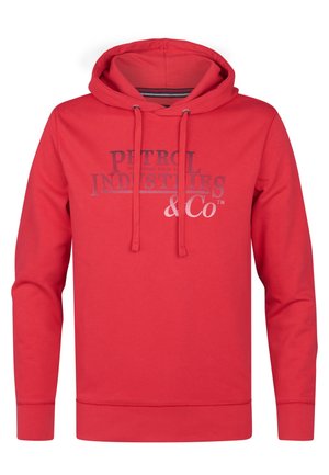 Hanorac roșu din bumbac, cu buzunar frontal tip kangaroo, glugă cu șnur, manșete și tiv din material ribizat, având inscripția "PETROL INDUSTRIES & Co" în culoarea gri.