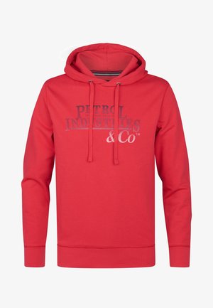 Hanorac roșu din bumbac, cu buzunar frontal tip kangaroo, glugă cu șnur, manșete și tiv din material ribizat, având inscripția "PETROL INDUSTRIES & Co" în culoarea gri.