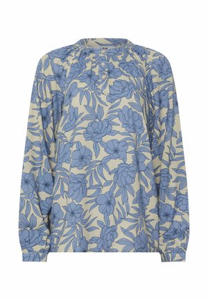 Blusa a maniche lunghe con motivo floreale blu su sfondo beige, scollo rotondo e patta frontale con bottoni.