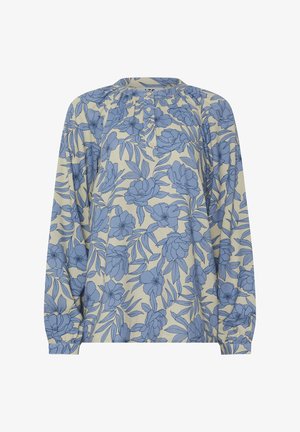 Blouse à manches longues avec motif floral bleu sur fond beige, col rond et patte de boutonnage à l'avant.