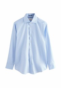 Himmelblaues Hemd mit langen Ärmeln, einem Umlegekragen und einem dezenten Streifenmuster. Mit Knöpfen vorne und einem abgerundeten Saum.