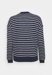 Maglione a righe blu navy e bianco in maglia con scollatura rotonda, polsini e orlo a costine. Design semplice con righe orizzontali su tutta la parte del corpo.