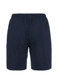 Shorts bleu marine avec une taille élastique, texture lisse et un design simple. Longueur mi-thigh sans poches visibles ni motifs.