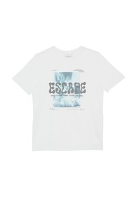 Witte katoenen t-shirt met een grafische print met de tekst "ESCAPE" in grijs, blauwe accentkleuren en abstracte afbeeldingen van water.