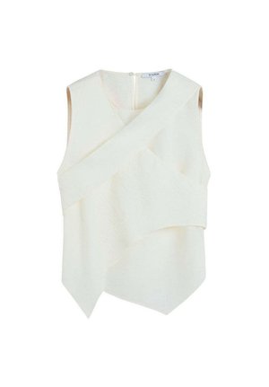 Top asimetric fără mâneci, de culoare alb-crem, cu straturi frontale suprapuse și închidere cu fermoar la spate, mărimea mică.