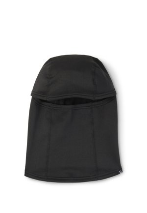Sort balaclava med en enkelt horisontal åbning til øjnene, lavet af glat stof med synlige syningslinjer.