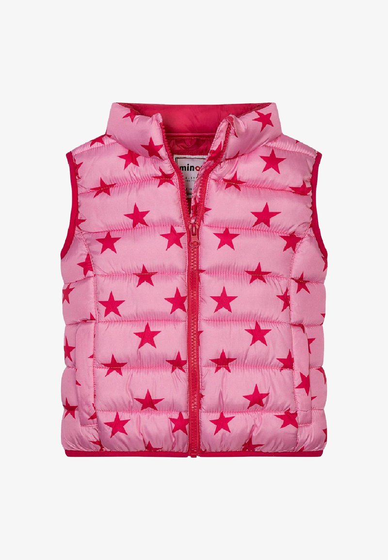 Pinkki pehmustettu liivi, jossa on punainen tähkäkuvio, korkea kaulus ja etuvetoketju. Silkkinen pinta; hihaton muotoilu; vuorattu sisäosa.