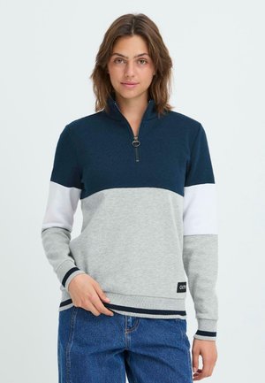Sweatshirt met een kwart rits kraag, voorzien van marineblauwe, grijze en witte kleurvlakken. Gemaakt van zachte stof met ribgebreide manchetten en onderrand.