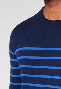 Navy gestrickter Pullover mit horizontalen blauen Streifen, Rundhalsausschnitt und glatter Textur. Verfügt über ein enges Design und lange Ärmel. Keine Muster oder Akzente.