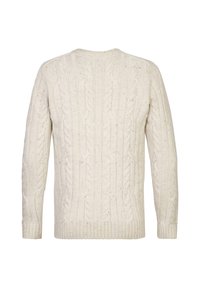 Pull en laine écru à torsades, manches longues, poignets et ourlet côtelés, vu de dos.