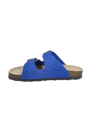 Blue suede sandal with two adjustable straps, open design, beige cushioned insole, textured black rubber sole, and rounded toe.