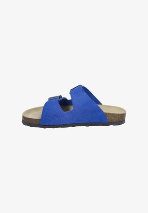Blue suede sandal with two adjustable straps, open design, beige cushioned insole, textured black rubber sole, and rounded toe.