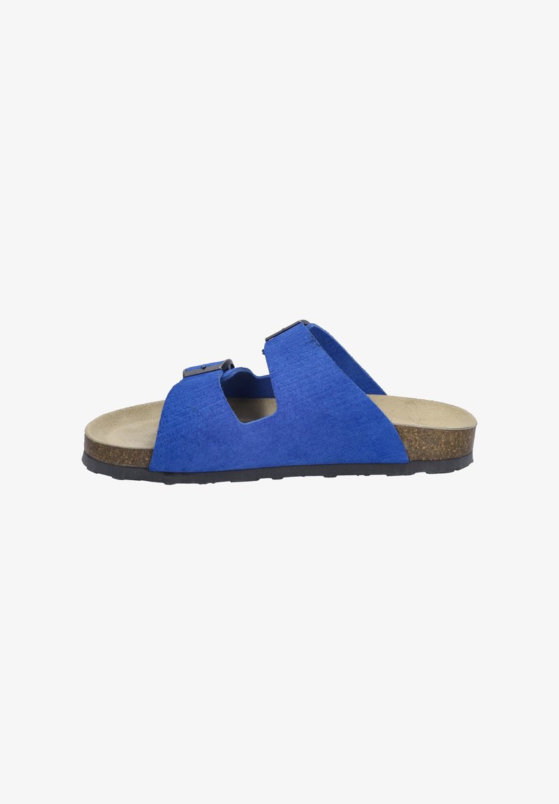 Blauwe fluwelen sandaal met twee verstelbare banden, open ontwerp, beige gevoerde inlegzool, gestructureerde zwarte rubberen zool en ronde teen.