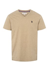 V-Ausschnitt T-Shirt in hellem Beige, gefertigt aus einem Baumwollmischgewebe, mit einem kleinen marineblauen Logo auf der Brust und kurzen Ärmeln.