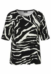 Schwarzes und weißes, mit Zebrastreifen versehenes, kurzärmeliges Oberteil mit runder Ausschnitt, aus glattem Stoff gefertigt, mit lockerer Passform und abgerundetem Saum.