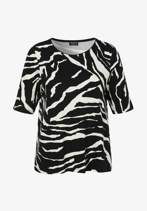 Schwarzes und weißes, mit Zebrastreifen versehenes, kurzärmeliges Oberteil mit runder Ausschnitt, aus glattem Stoff gefertigt, mit lockerer Passform und abgerundetem Saum.