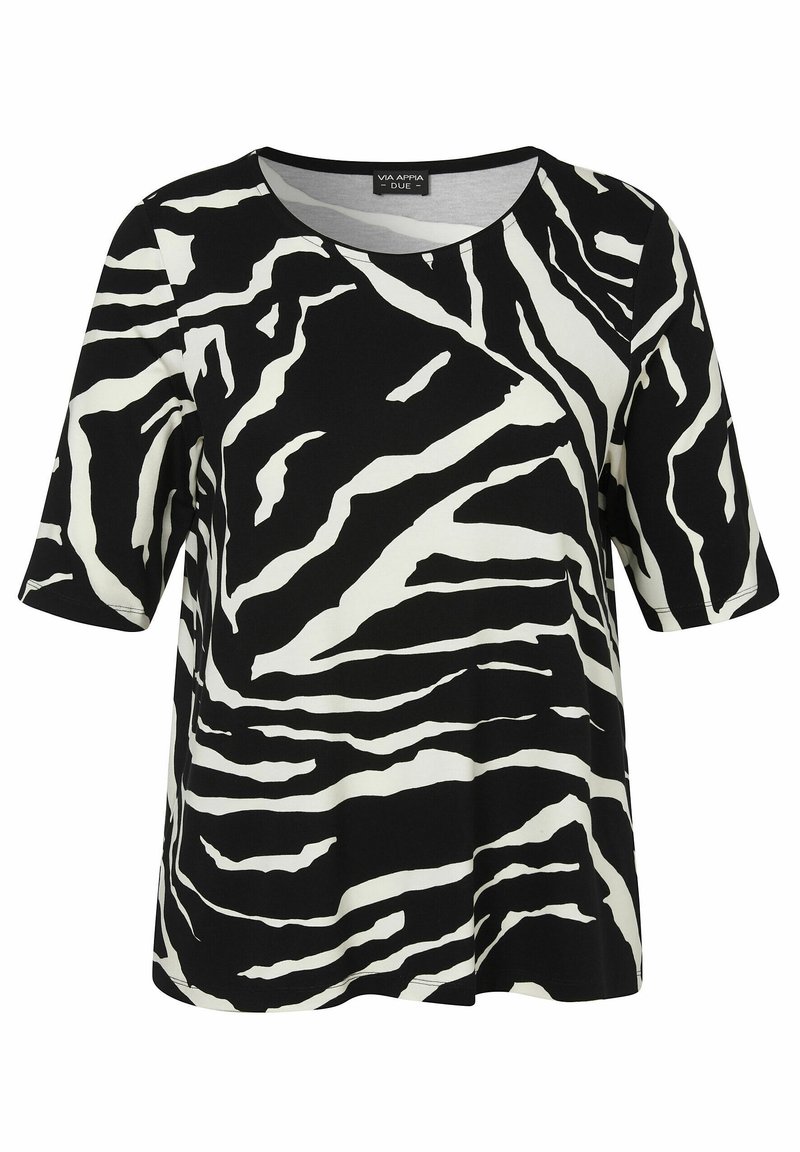 Schwarzes und weißes, mit Zebrastreifen versehenes, kurzärmeliges Oberteil mit runder Ausschnitt, aus glattem Stoff gefertigt, mit lockerer Passform und abgerundetem Saum.