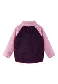 Fleece pullover with a high collar, featuring pink and dark purple panels, textured surface, and orange trim at the cuff edges.