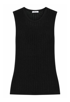 Haut noir sans manches en maille côtelée avec encolure ronde, coupe ajustée et étiquette à l'intérieur du col.