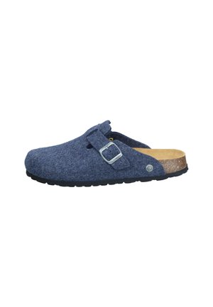 Gray felt clogs with a cork footbed, adjustable buckle strap, round toe, and textured rubber sole for grip and comfort.